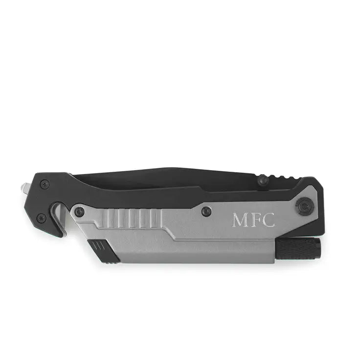 Custom Monogram Engraved Black & Silver Pocket Knife With Light