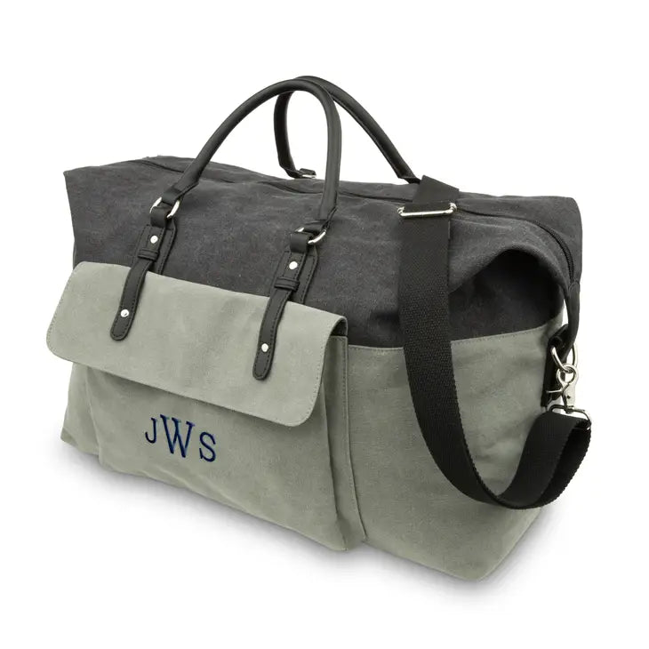 Custom Embroidered Men’s Canvas Weekender Duffel Travel Bag - Black & Grey
