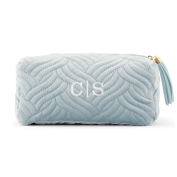 Personalized Small Velvet Spa Blue Quilted Makeup Bag