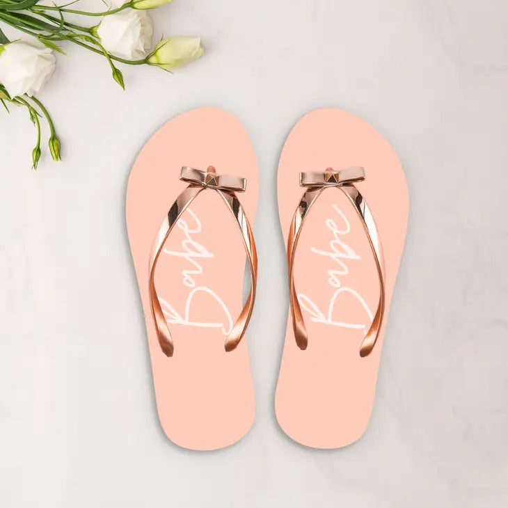 Women's "Babe" Blush Pink & Rose Gold Flip-Flops With Bow