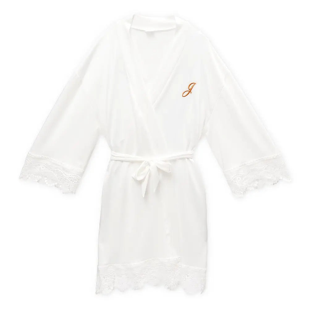 Personalized Women's Jersey Knit Robe With Lace Trim - White